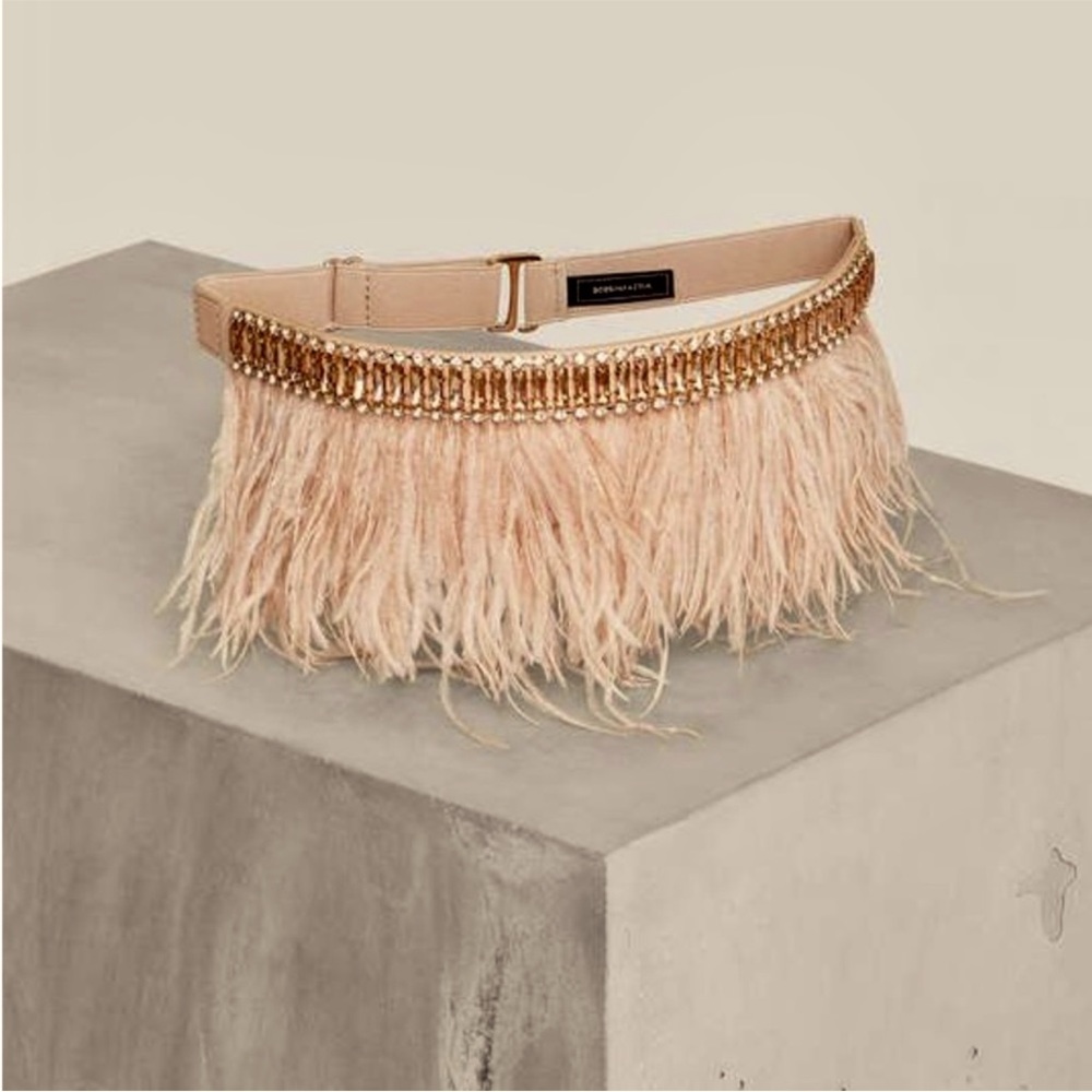 BCBG Ostrich Feather Plume Belt Pink Soft Beige w/Clear & Tan Gem Stone Crystals